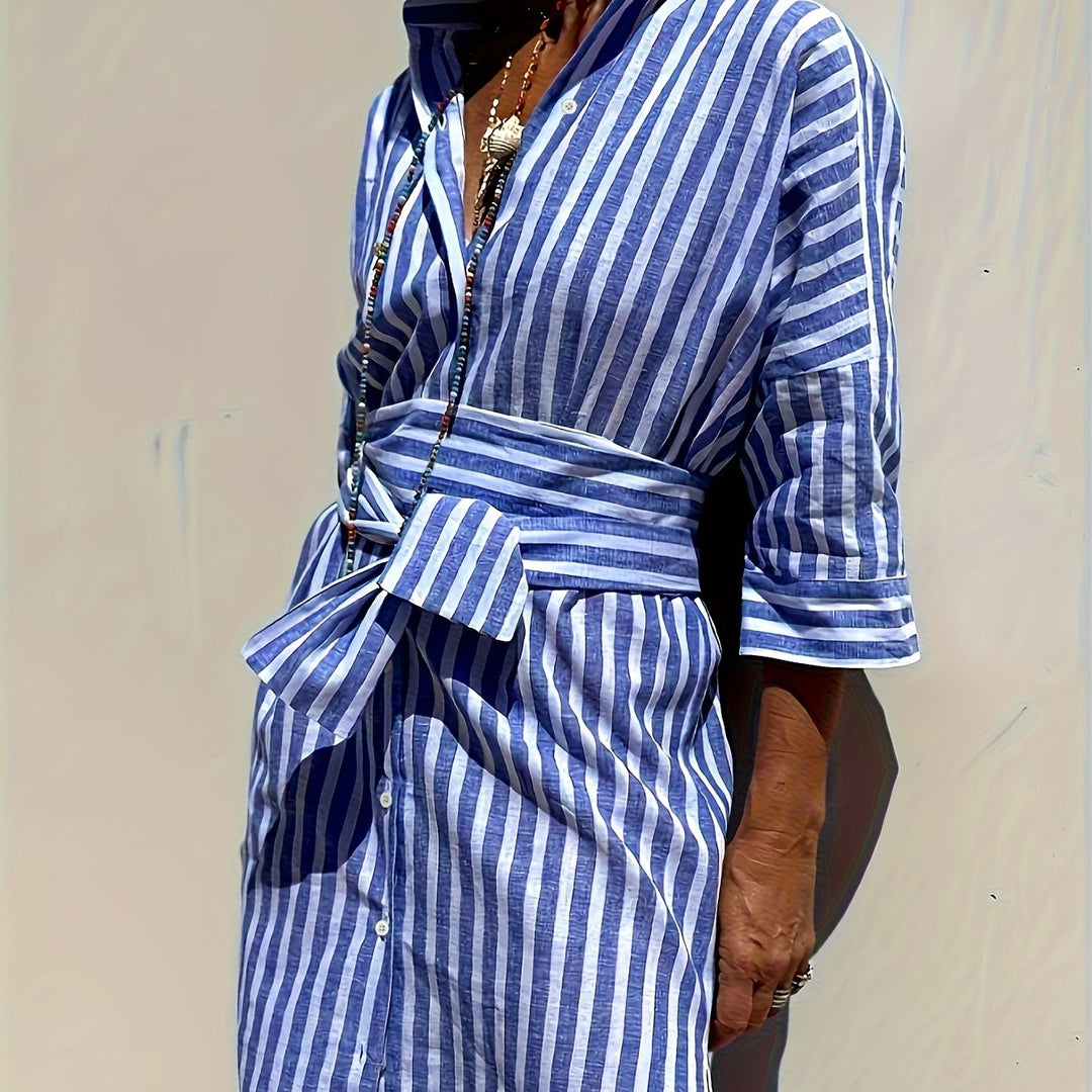 CHRISTINE | STRIPED PRINT DRESS WITH BUTTON CLOSURE AND BELT